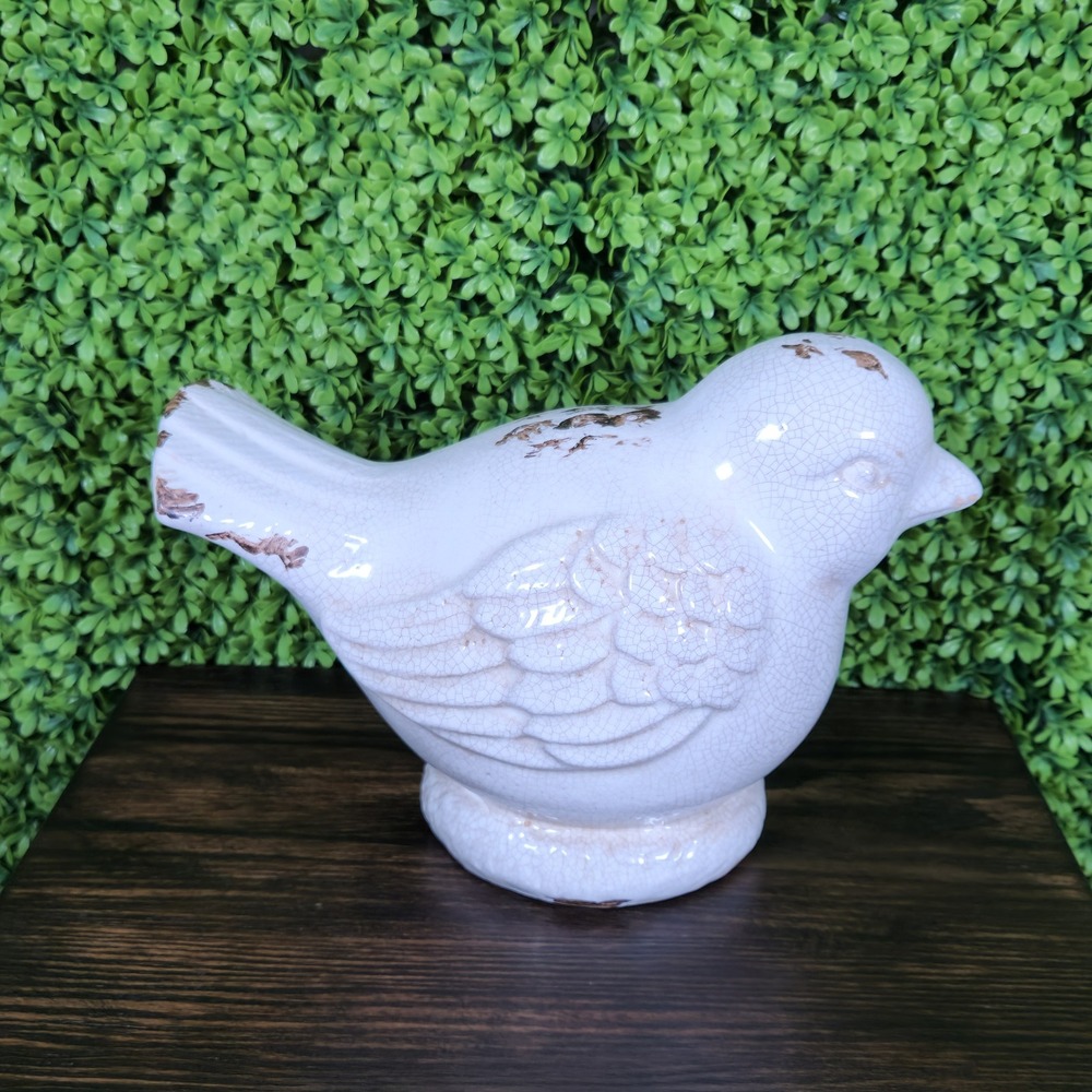 Vintage Style Crackle Glaze Ceramic Bird Figurine Distressed Cream 10 Inch